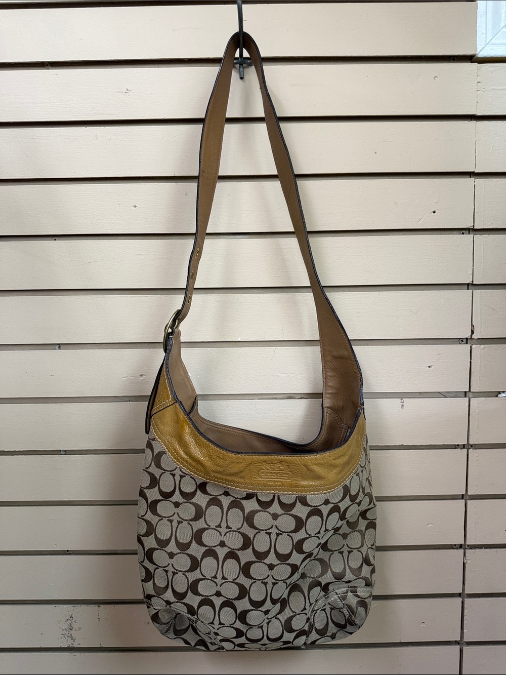 Coach Signature Canvas Hobo with Brown and Mustard Leather Trim